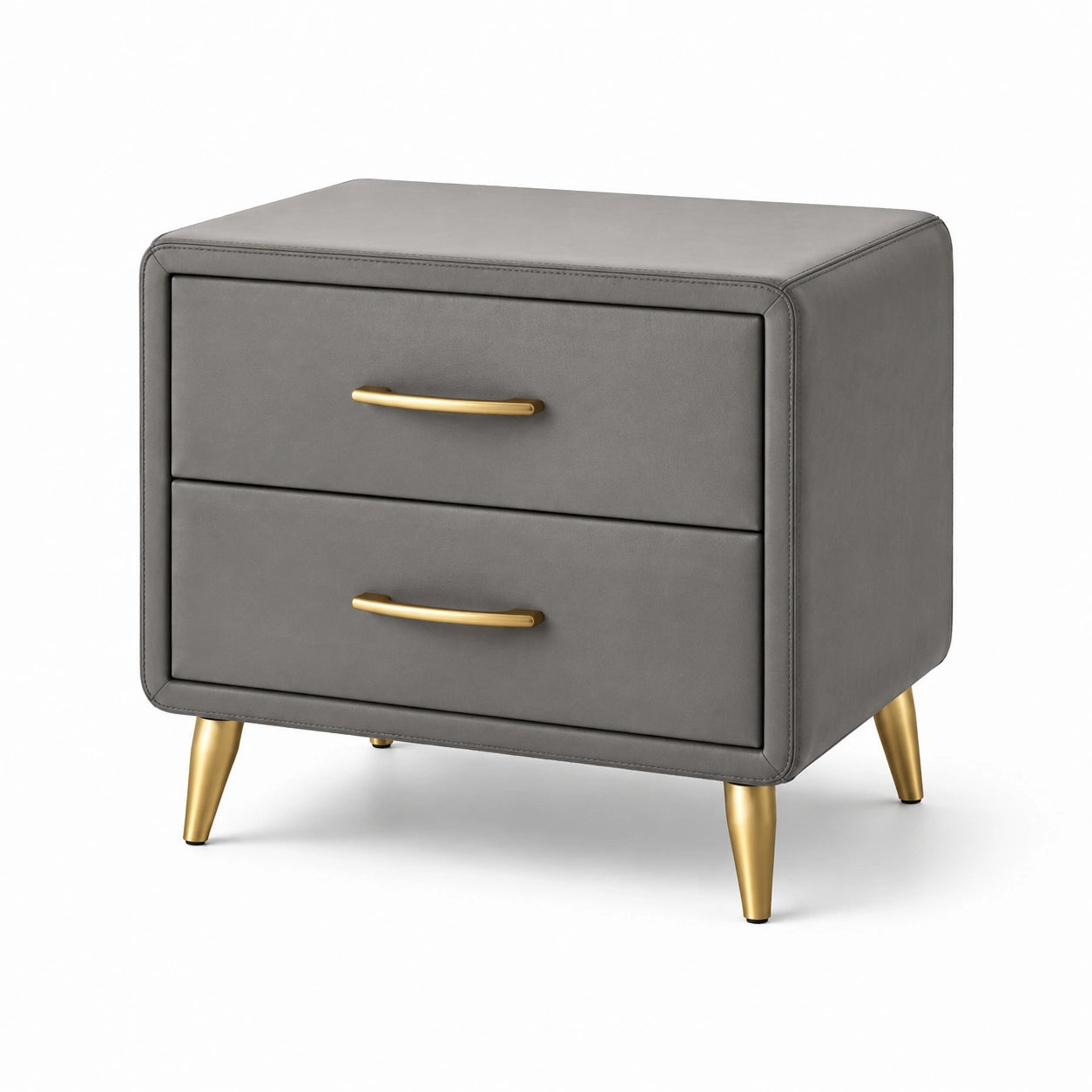 Table de chevet 2 tiroirs en cuir synthétique gris avec pieds en métal doré