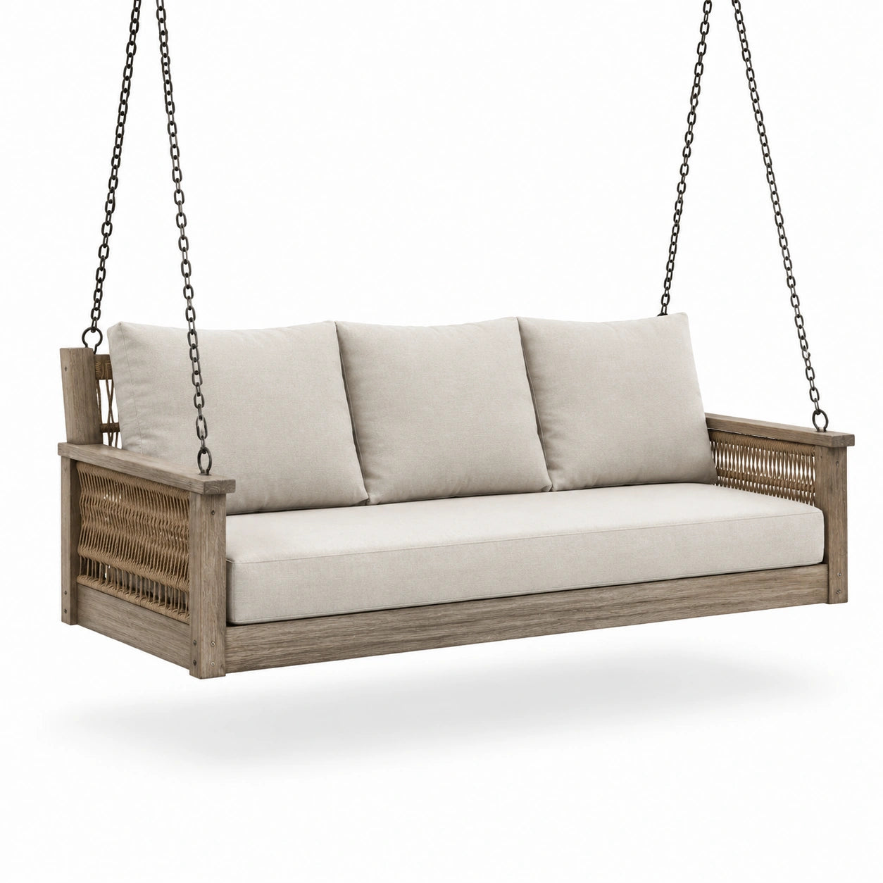 Balancelle suspendue en bois avec coussins en tissu polyester beige