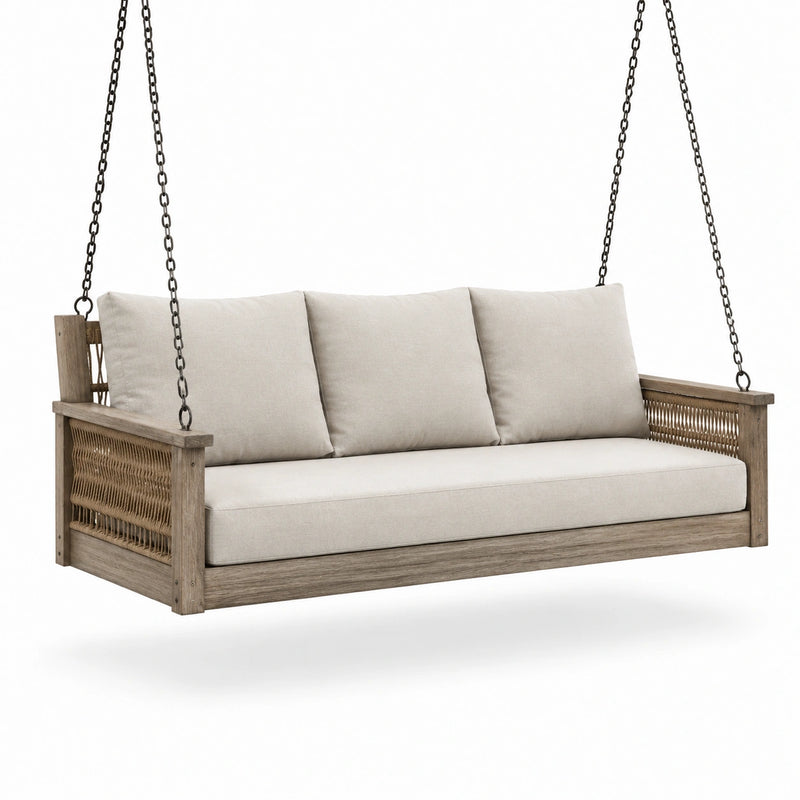 Balancelle suspendue en bois avec coussins en tissu polyester beige