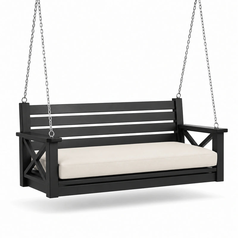 Balancelle en bois noir avec coussin crème 150 cm