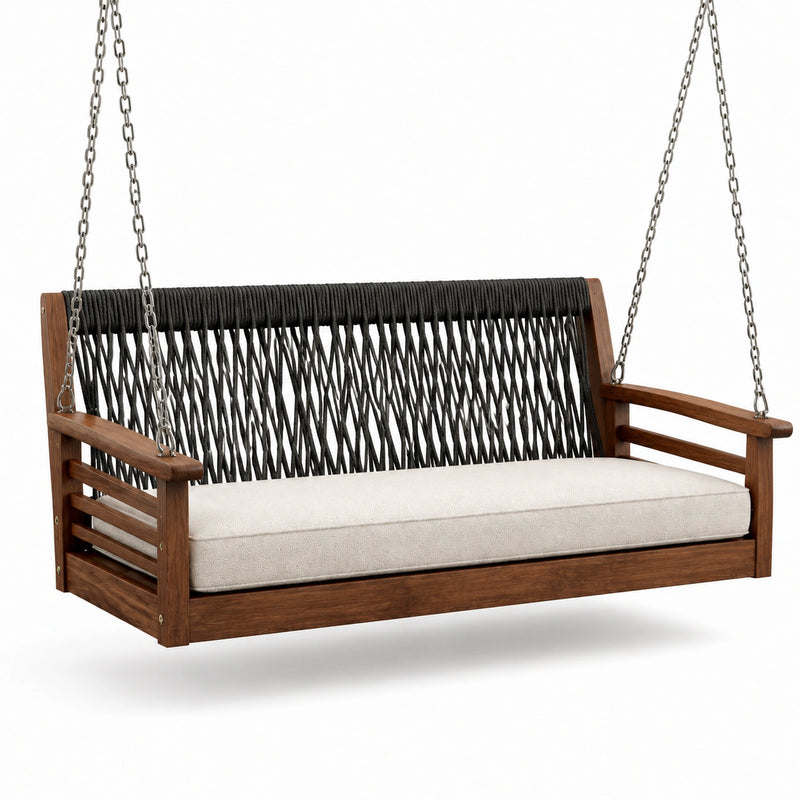 Balancelle en bois avec cordes noires et coussin beige