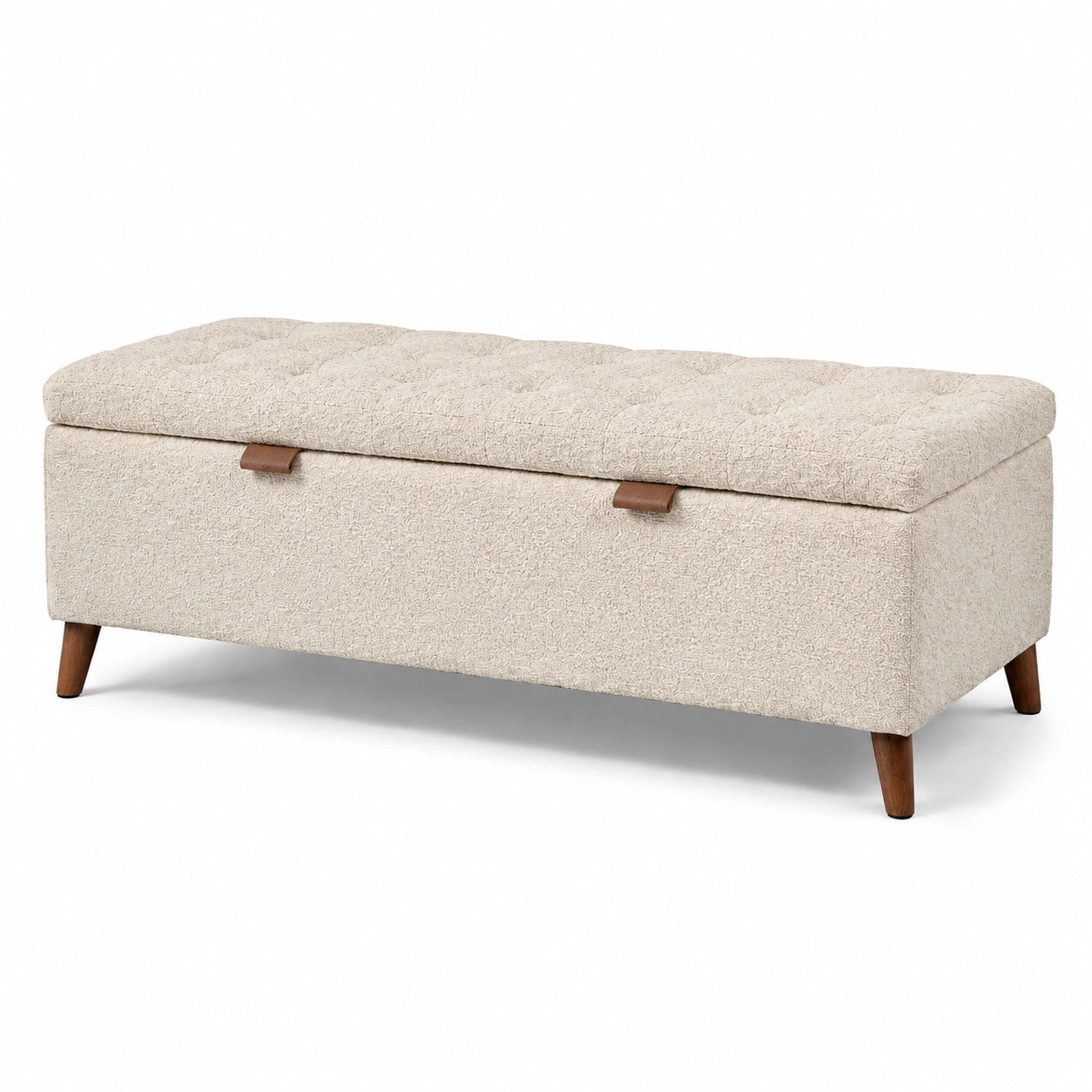 Banc de rangement en tissu avec pieds en bois beige