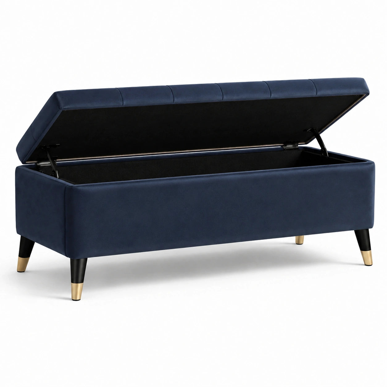 Banc de rangement en velours bleu avec pieds en métal et bois