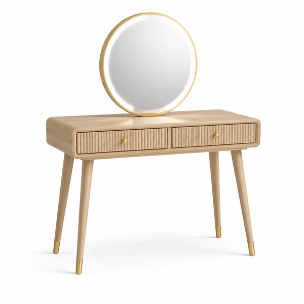 Coiffeuse en bois avec miroir rond LED