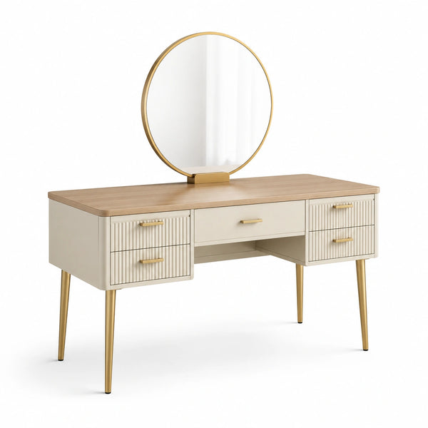 Coiffeuse en bois MDF et métal doré avec miroir rond