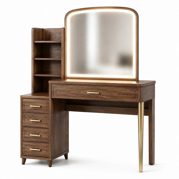 Coiffeuse en bois de noyer avec miroir LED et rangements