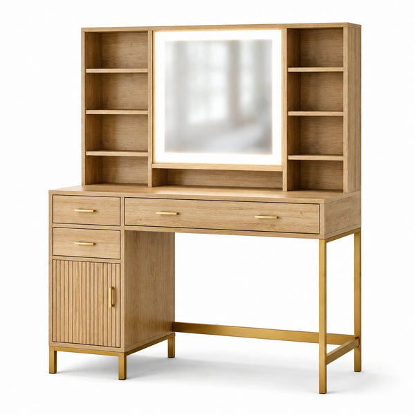 Coiffeuse en chêne et métal doré avec miroir LED