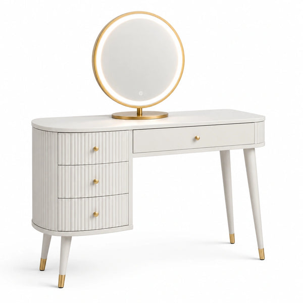 Coiffeuse en bois avec miroir LED intégré, blanc et doré
