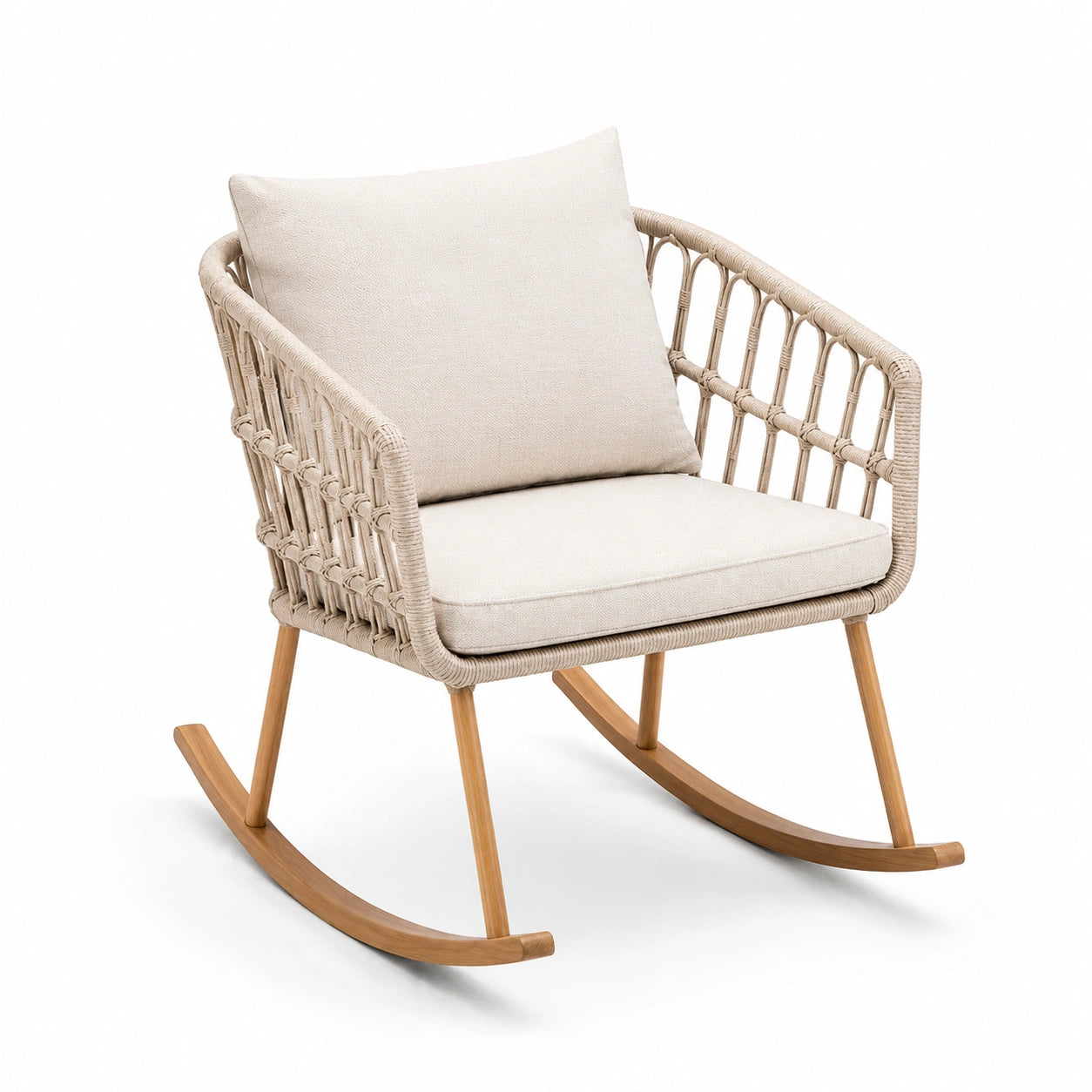 Fauteuil à bascule en bois et corde avec coussins en polyester beige