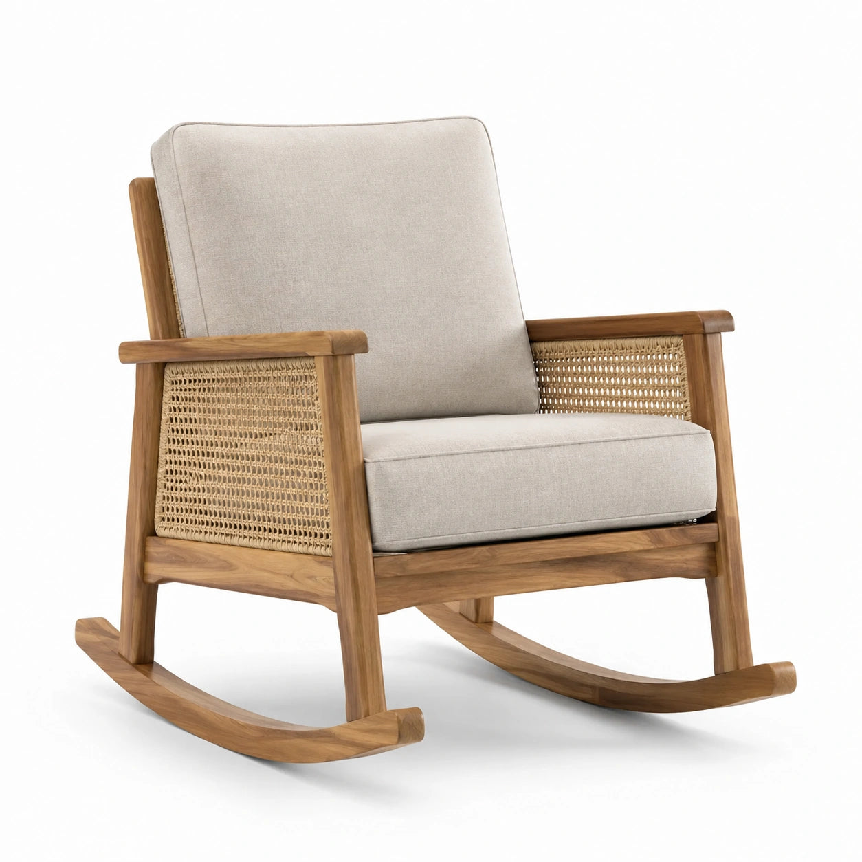 Chaise à bascule en bois de teck et tissu beige