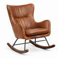 Fauteuil à bascule en cuir marron avec cadre en métal noir et bois
