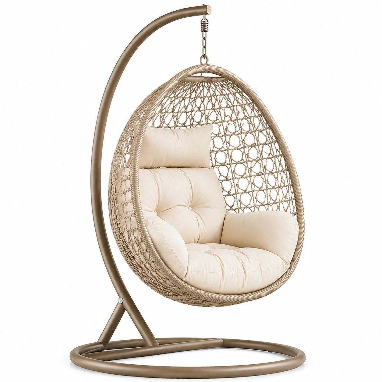 Chaise suspendue en résine tressée avec coussin beige et structure en acier