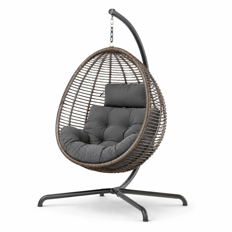 Chaise suspendue en résine tressée avec coussin en polyester gris