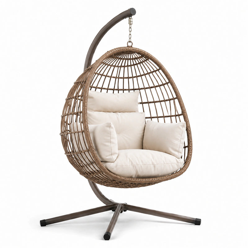 Fauteuil suspendu en rotin synthétique avec coussins beige, structure en acier, 105 cm