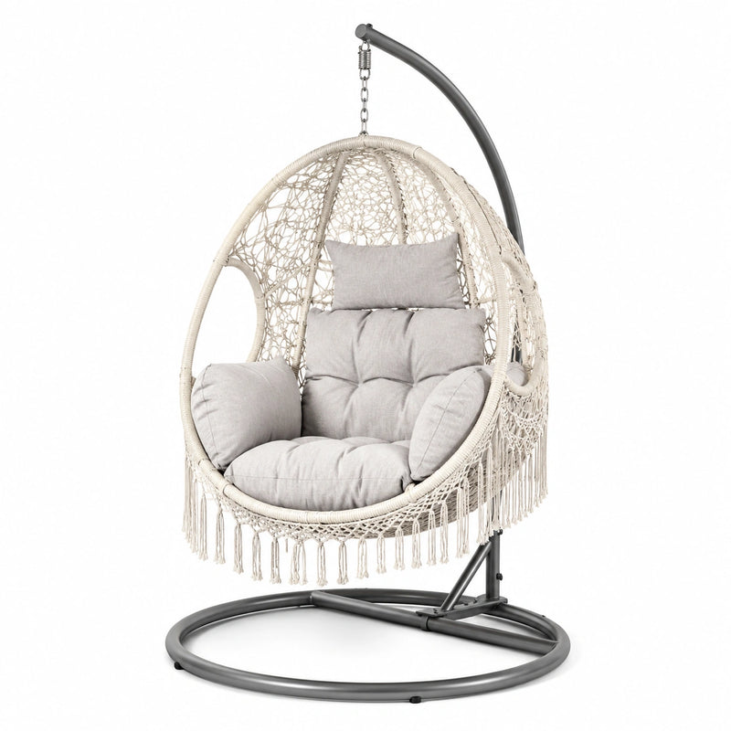 Fauteuil suspendu en rotin avec coussins en polyester gris, structure en acier